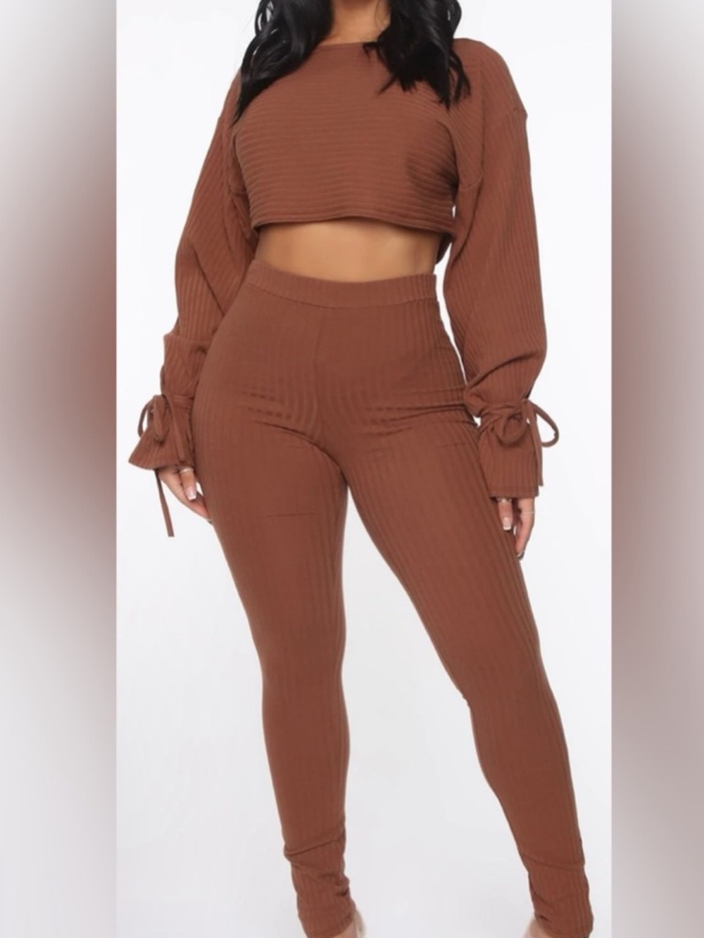 Ribbed High-Waist Leggings & Crop Top Set - Brown